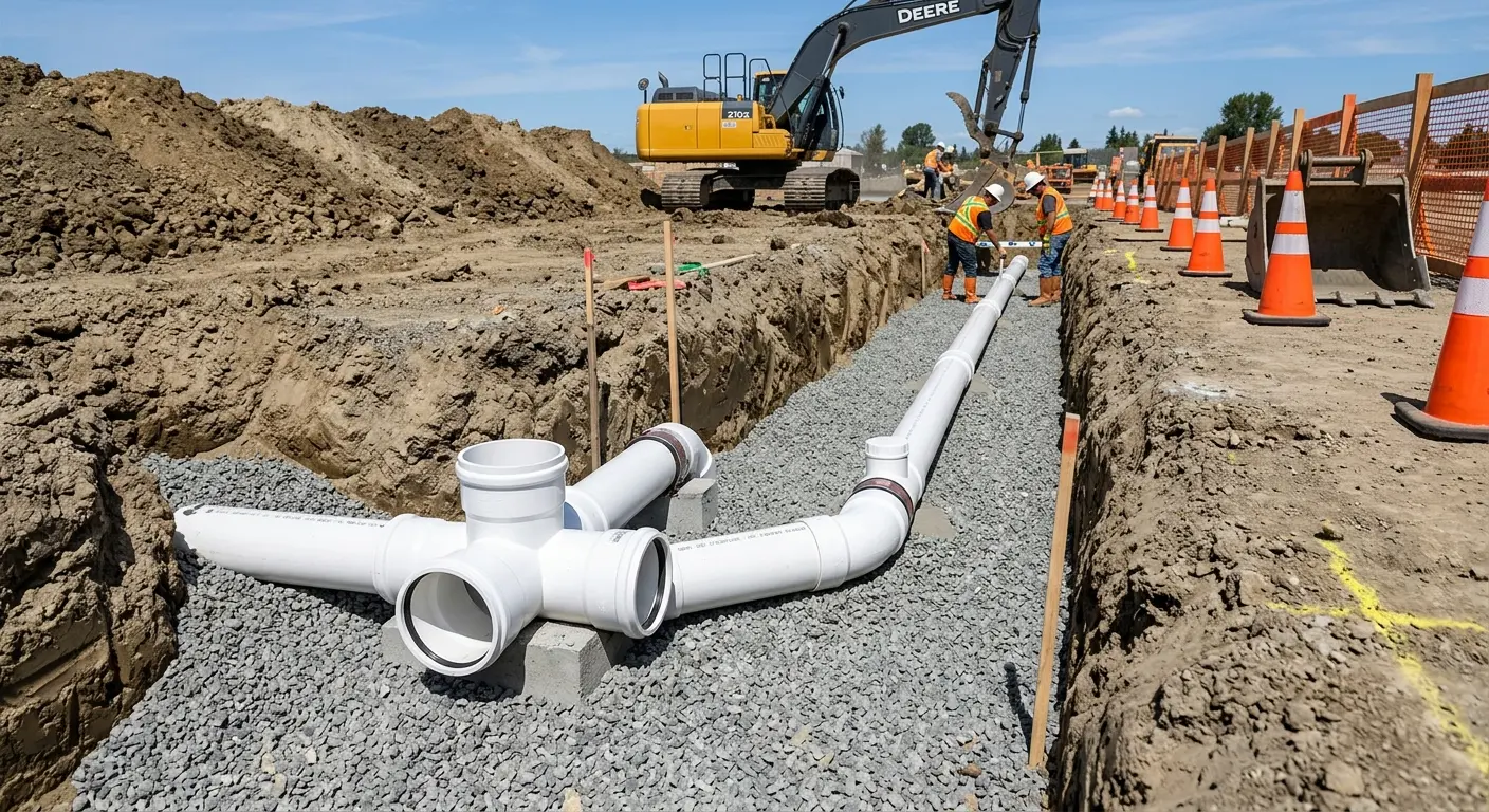 New PVC sewer pipe installation in open trench for Sewer Backup in Newman