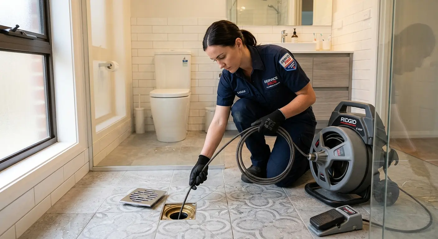 Technician clearing a bathroom floor drain for Sewer Line Replacement in Newman